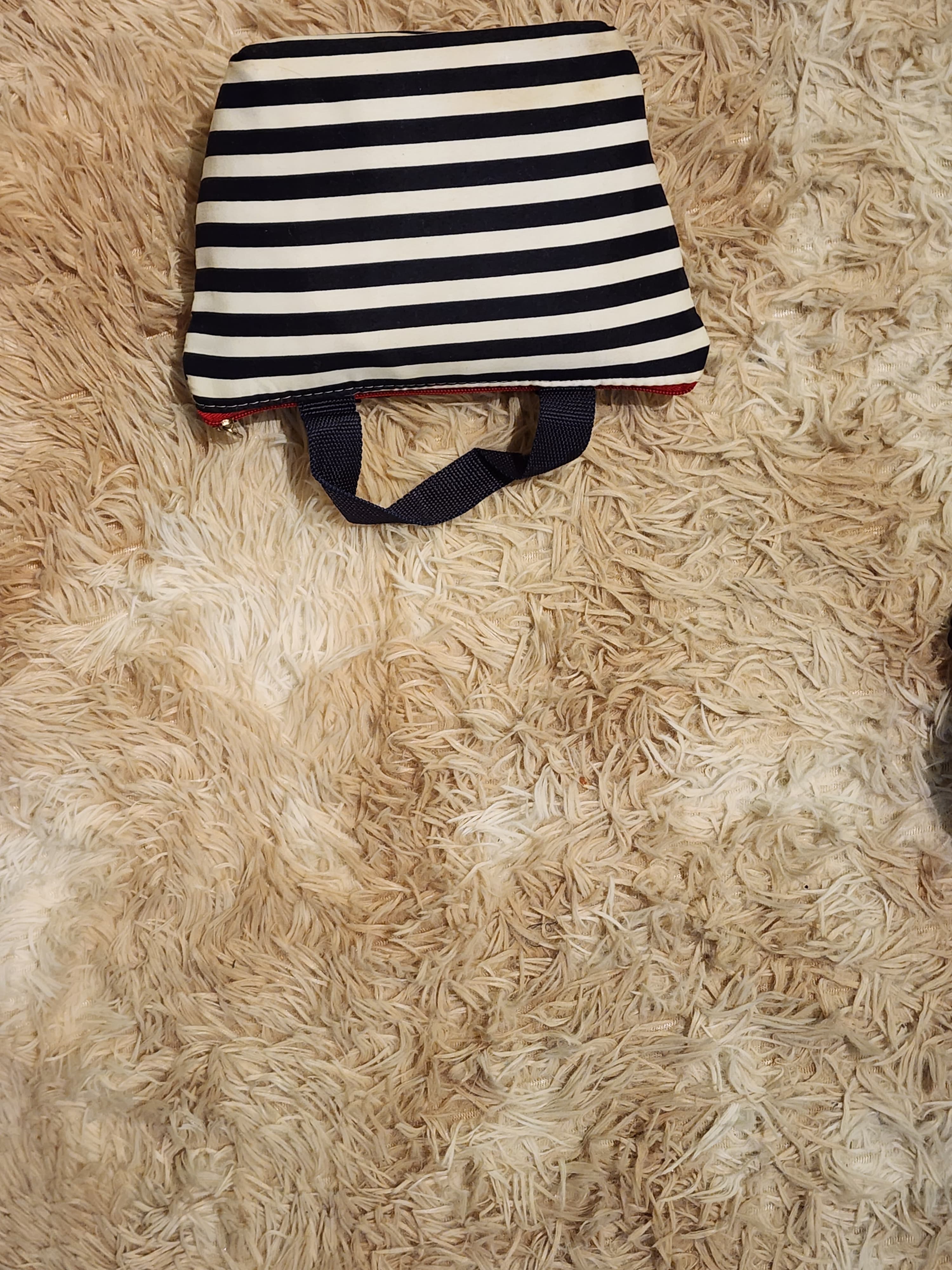 Blue-and-white striped Daiso pouch closed after the complete kit is packed.